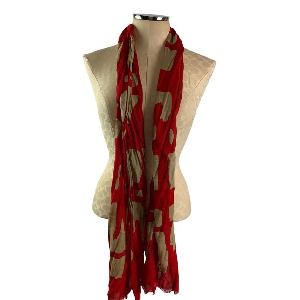 Lightweight‎ Scarf Raw Edge Red Tan Print 18" x 74"